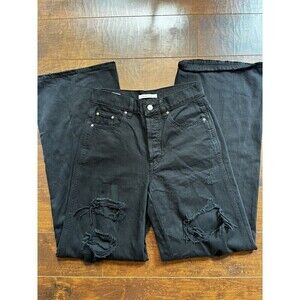 Pacsun Womens Size 25 Baggy Jean Black Distressed Wide Leg Loose Fit Button Fly